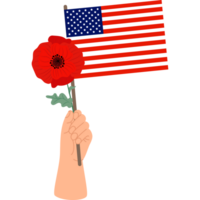 Hand with American flag and red poppy png