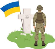 Military soldier in front of grave with Ukrainian flag. Veterans Cemetery png