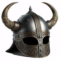 A Viking helmet with two horns, made of metal with a Celtic knot design around the bottom photo