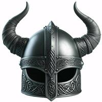 A Viking helmet with two horns, made of metal with a Celtic knot design around the bottom photo