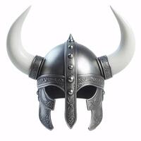 A Viking helmet with two horns, made of metal with a Celtic knot design around the bottom photo