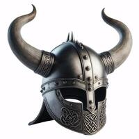 A Viking helmet with two horns, made of metal with a Celtic knot design around the bottom photo