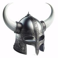 un vikingo casco con dos cuernos, hecho de metal con un céltico nudo diseño alrededor el fondo foto
