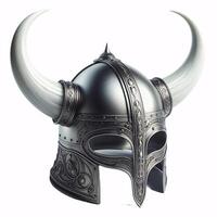 A Viking helmet with two horns, made of metal with a Celtic knot design around the bottom photo