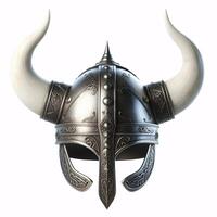 A Viking helmet with two horns, made of metal with a Celtic knot design around the bottom photo