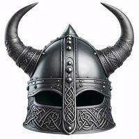 un vikingo casco con dos cuernos, hecho de metal con un céltico nudo diseño alrededor el fondo foto