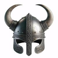 A Viking helmet with two horns, made of metal with a Celtic knot design around the bottom photo