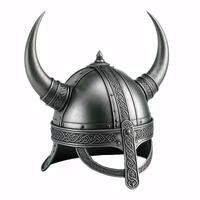 un vikingo casco con dos cuernos, hecho de metal con un céltico nudo diseño alrededor el fondo foto