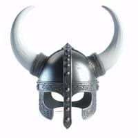 A Viking helmet with two horns, made of metal with a Celtic knot design around the bottom photo