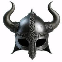 A Viking helmet with two horns, made of metal with a Celtic knot design around the bottom photo