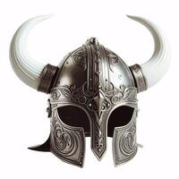 A Viking helmet with two horns, made of metal with a Celtic knot design around the bottom photo