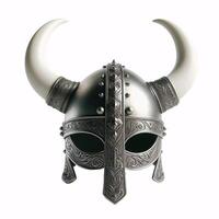 A Viking helmet with two horns, made of metal with a Celtic knot design around the bottom photo