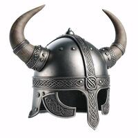 A Viking helmet with two horns, made of metal with a Celtic knot design around the bottom photo