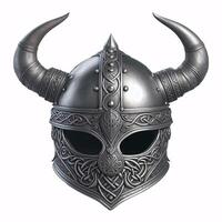 A Viking helmet with two horns, made of metal with a Celtic knot design around the bottom photo