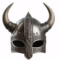 A Viking helmet with two horns, made of metal with a Celtic knot design around the bottom photo