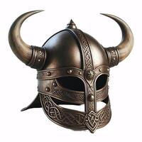 A Viking helmet with two horns, made of metal with a Celtic knot design around the bottom photo