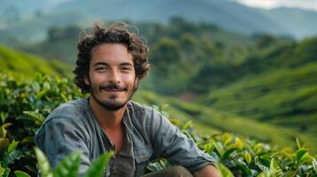 Man Sitting in Tea Bushes. Generative by AI photo