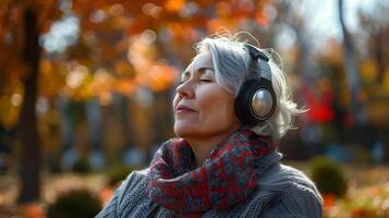 Woman With Grey Hair Wearing Headphones. Generative by AI photo