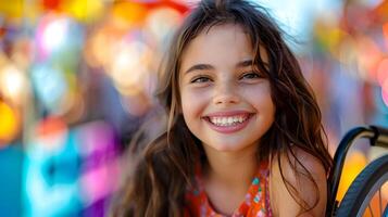 joven niña sonriente en silla de ruedas. generativo por ai foto