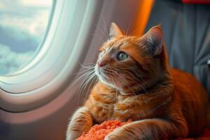 Cat Relaxing on Pillow by Airplane Window. Generative by AI photo