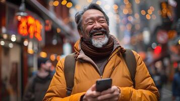 alegre hombre con teléfono inteligente en ocupado ciudad calle. generativo por ai foto