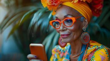 mujer en turbante comprobación célula teléfono. generativo por ai foto