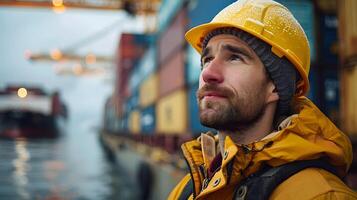 Contemplative Dock Worker at Dusk. Generative byAI photo