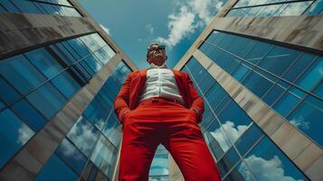 hombre en rojo traje por alto edificio. generativo por ai foto
