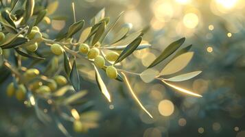 Green Olives on Olive Tree Branch. Generative by AI photo