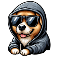 cartone animato personaggio di adorabile cane indossare bicchieri e grigio felpa con cappuccio png