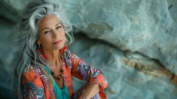 Woman With Grey Hair Sitting by Rock. Generative-AI photo