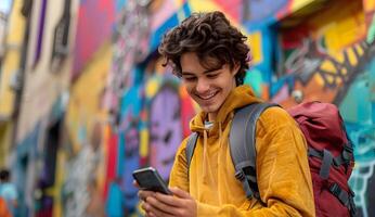 Young Man Checking Cell Phone While Wearing Backpack. Generative by AI photo