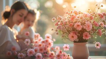 Woman and Child Admiring Vase of Flowers. Generative-AI photo