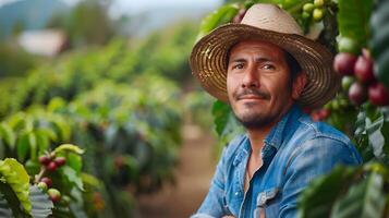 Man in Straw Hat on Coffee Farm. Generative by AI photo