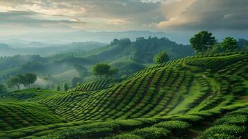 Sunset Over Lush Tea Plantation Hills. Generative-AI photo