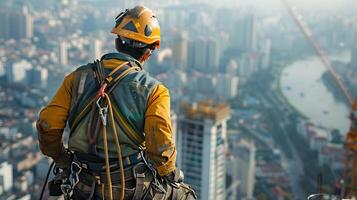 Worker in Hard Hat on Building Top. Generative by AI photo