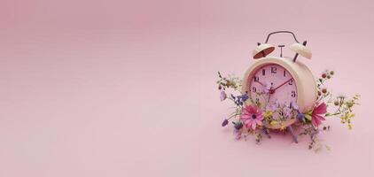 Alarm Clock With Flowers on Pink Background. Generative-AI photo