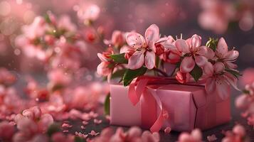Pink Gift Box With Flowers. Generative-AI photo