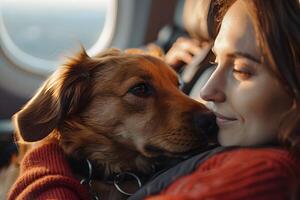 Woman Holding Dog on Plane. Generative-AI photo