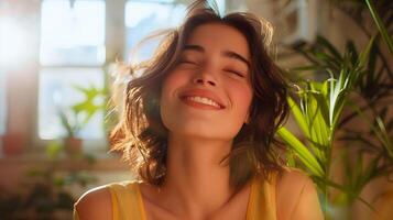 Radiant Young Woman Enjoying Sunshine Indoors. Generative by AI photo