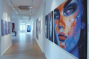 largo pasillo con pinturas IA generativa foto