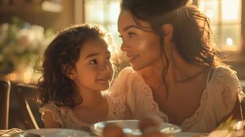 Mother and Daughter Sitting at Table. photo