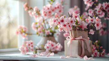 Pink Flowers in Vase on Window Sill. Generative-AI photo