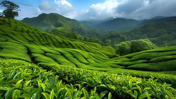 Lush Green Tea Plantation at Dawn. Generative-AI photo