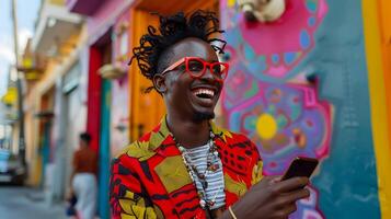 Smiling Man in Red and Yellow Shirt With Cell Phone. photo