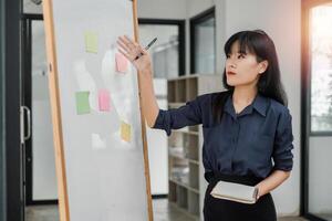 Focused professional businesswoman brainstorming with sticky notes on a whiteboard in a bright office setting. photo