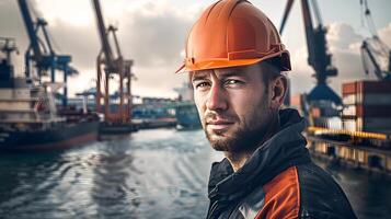 Engineer Overlooking Harbor at Dusk. Generative-AI photo