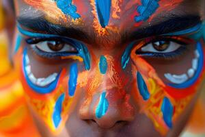 cerca arriba de persona con cara pintar. IA generativa foto