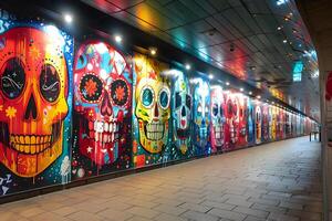 Colorful Skulls Painted Wall. photo