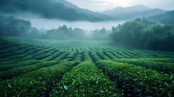 Green Tea Field With Fog. photo